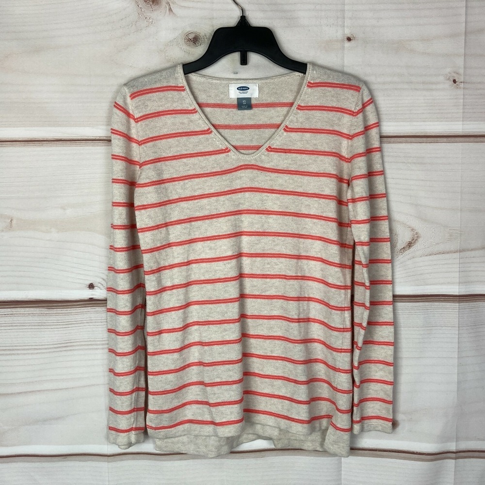 Old Navy Sweater Women XS Beige Classic Striped V-Neck Long Sleeve Pullover Knit